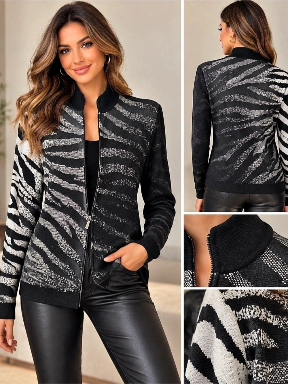 Ming Wang Tiger Zebra ombré Zip Jacket in Black & White Size M